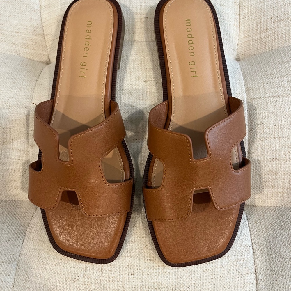 Madden Girl Cognac Slide Sandals with Cutout Upper